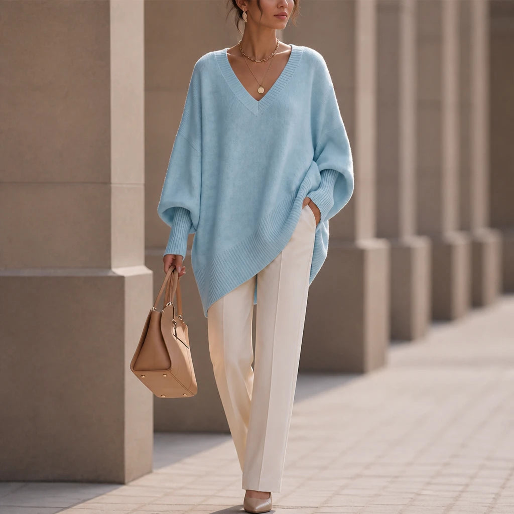 Dames oversized V-hals gebreide trui in hemelsblauw, Zacht en soepel