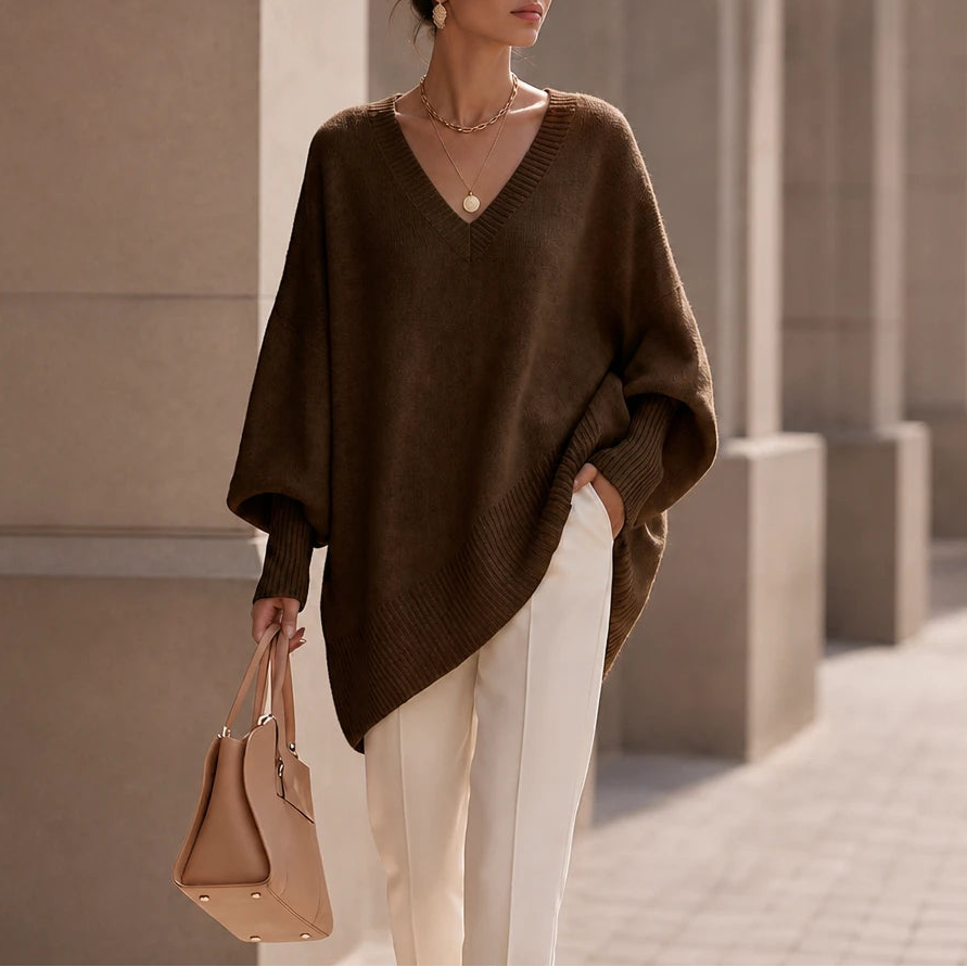 Dames oversized V-hals gebreide trui in koffie, Zacht en soepel