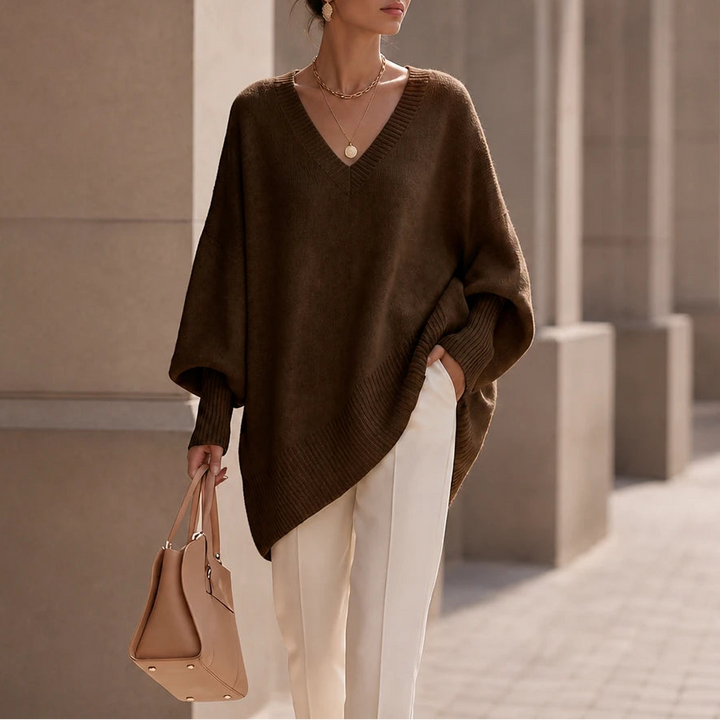 Dames oversized V-hals gebreide trui in koffie, Zacht en soepel