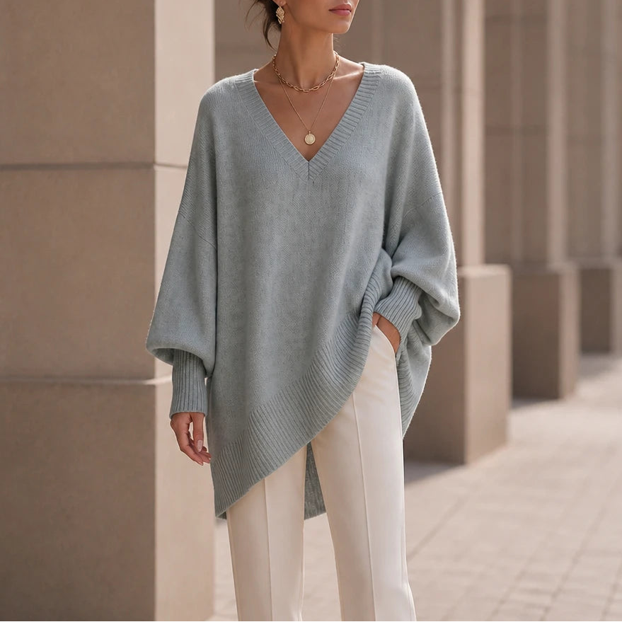 Dames oversized V-hals gebreide trui in lichtgrijs, Zacht en soepel