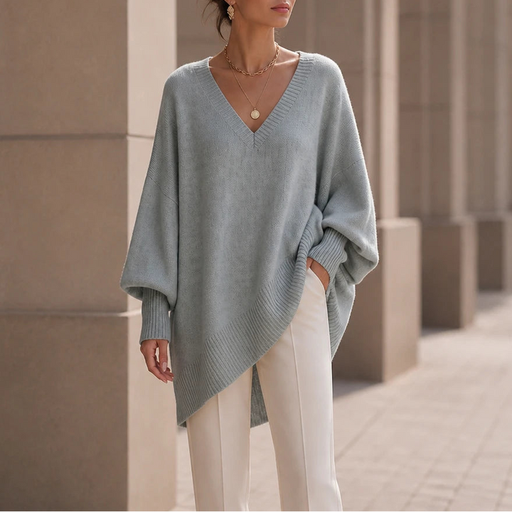 Dames oversized V-hals gebreide trui in lichtgrijs, Zacht en soepel
