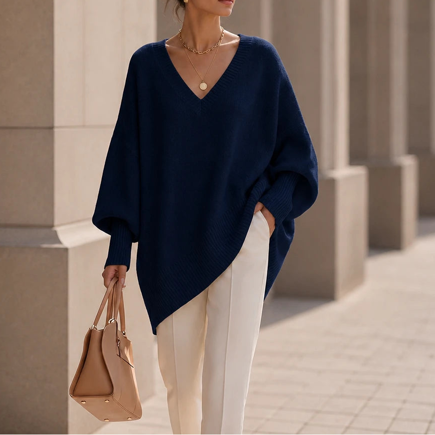 Dames oversized V-hals gebreide trui in marineblauw, Zacht en soepel