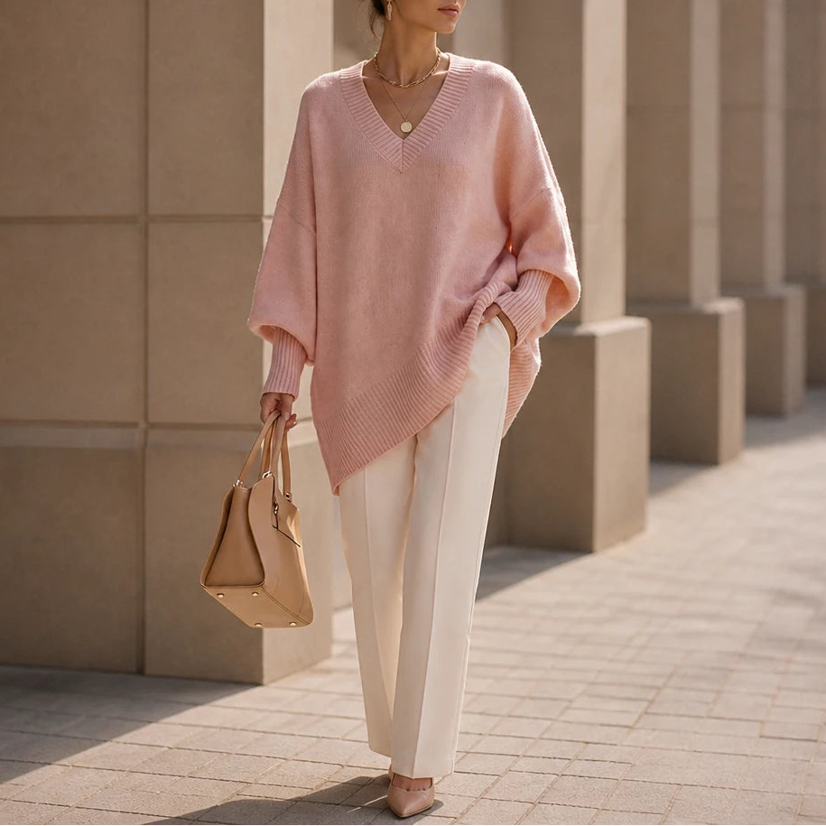 Dames oversized V-hals gebreide trui in roze, Zacht en soepel