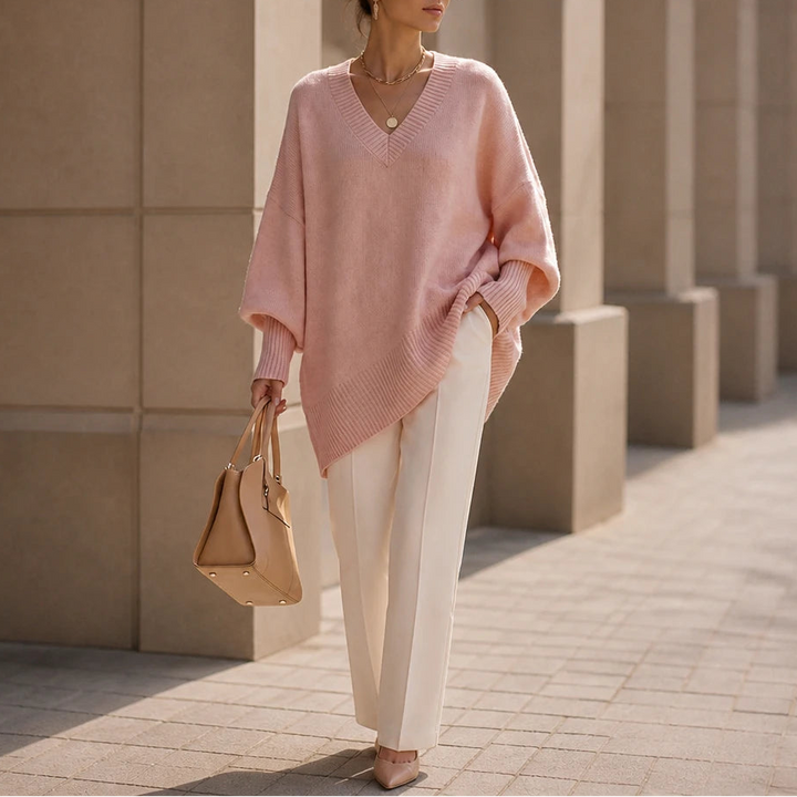 Dames oversized V-hals gebreide trui in roze, Zacht en soepel
