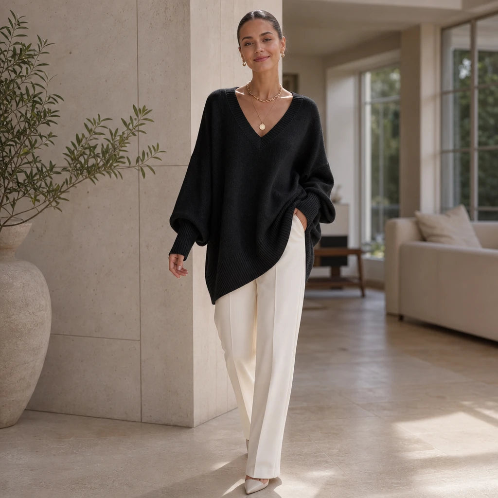 Dames oversized V-hals gebreide trui - Zacht en soepel
