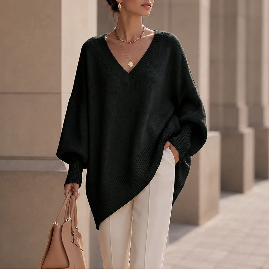Dames oversized V-hals gebreide trui in zwart, Zacht en soepel