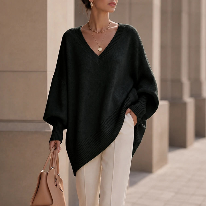 Dames oversized V-hals gebreide trui in zwart, Zacht en soepel
