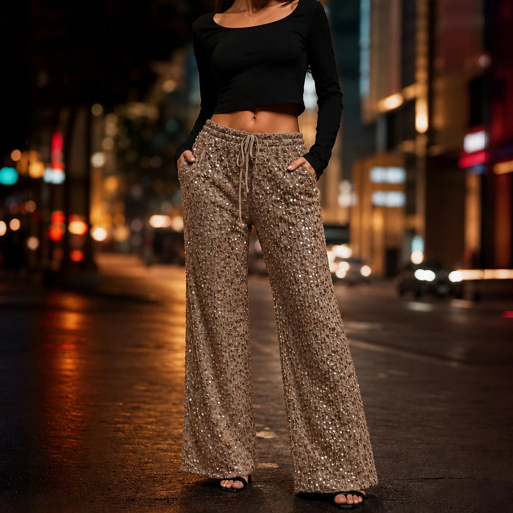 Dames Pailletten Rechte Broek in bruin, Feestelijk Glitter