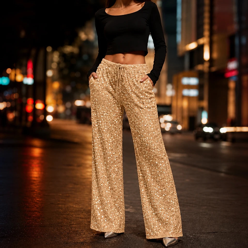 Dames Pailletten Rechte Broek in goud, Feestelijk Glitter