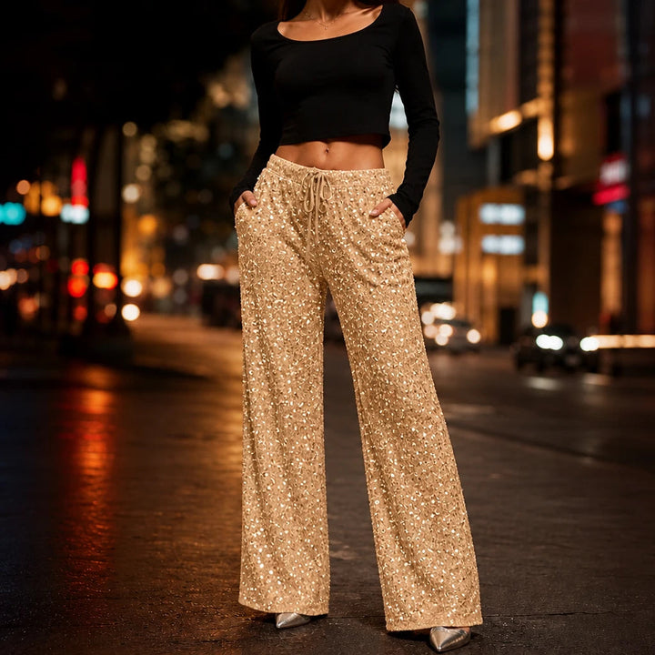 Dames Pailletten Rechte Broek in goud, Feestelijk Glitter