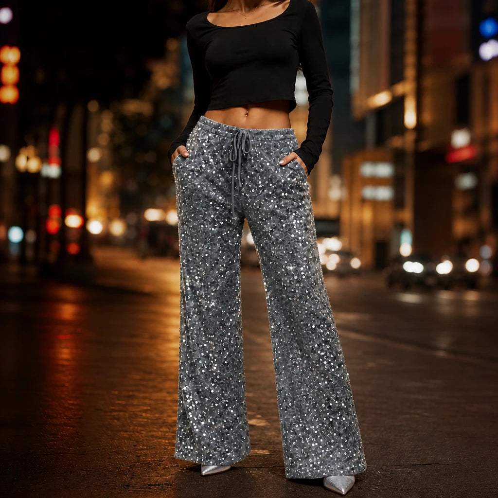 Dames Pailletten Rechte Broek in grijs, Feestelijk Glitter