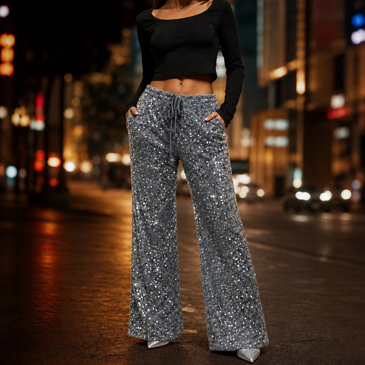Dames Pailletten Rechte Broek in grijs, Feestelijk Glitter