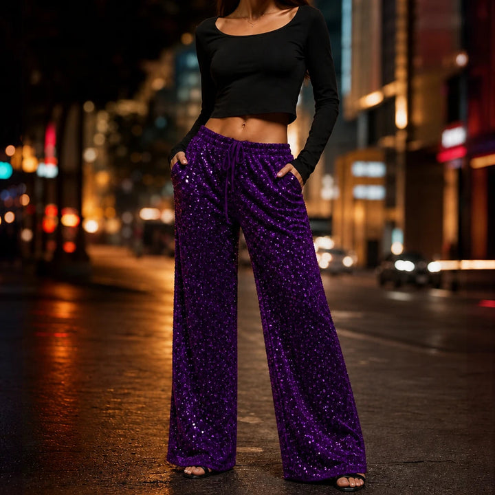 Dames Pailletten Rechte Broek in paars, Feestelijk Glitter