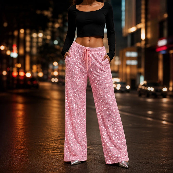 Dames Pailletten Rechte Broek in roze, Feestelijk Glitter
