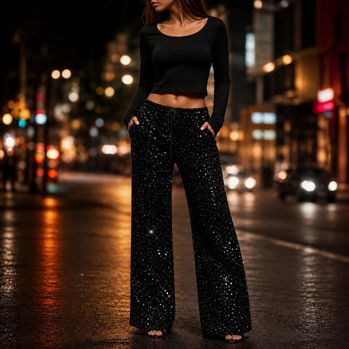 Dames Pailletten Rechte Broek in zwart, Feestelijk Glitter