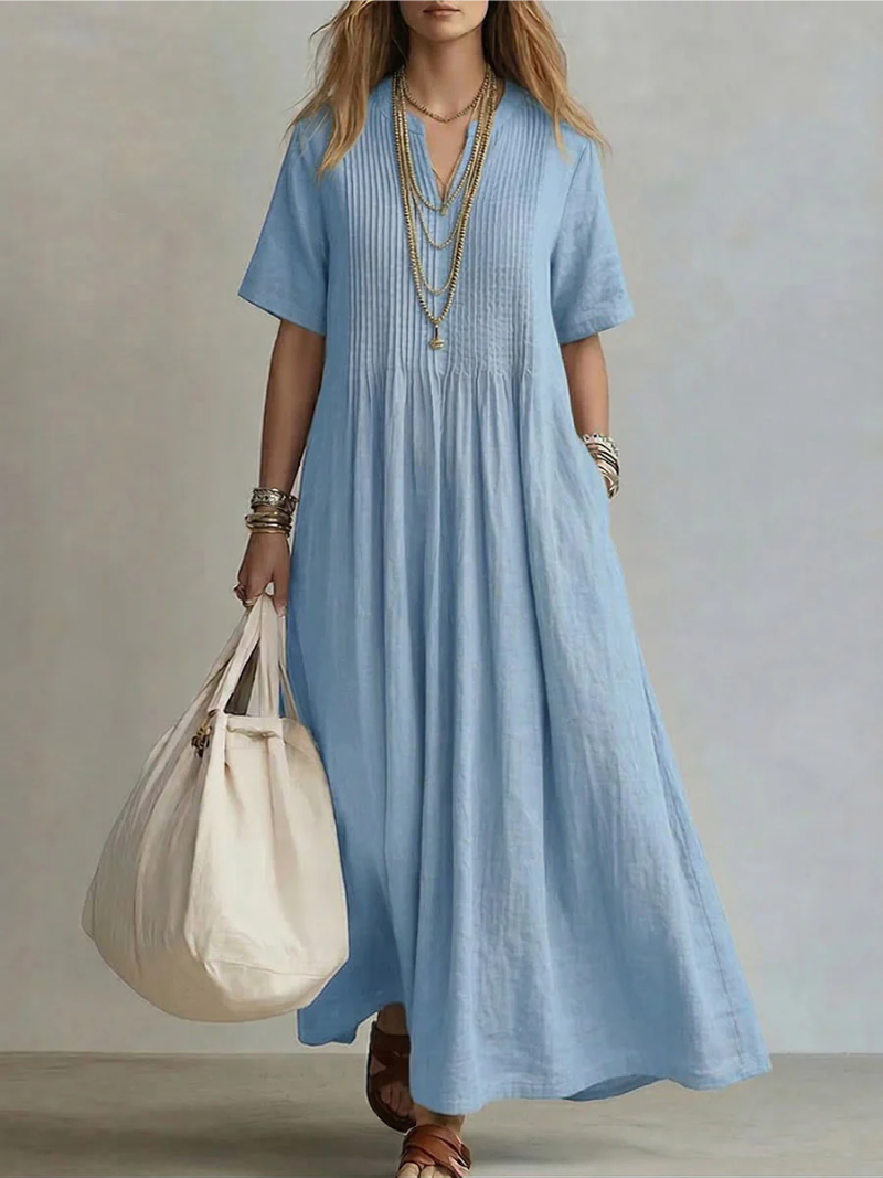 Dames Plissé Maxi Jurk - Elegant en Comfortabel - Blauw