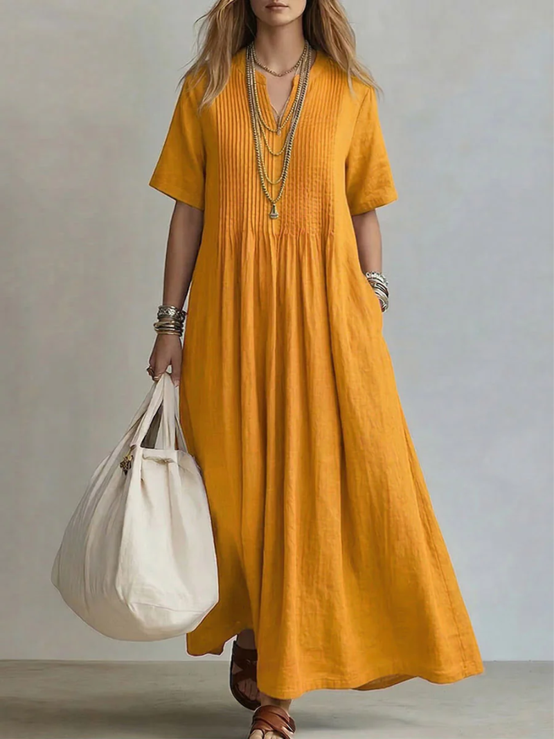 Dames Plissé Maxi Jurk - Elegant en Comfortabel - Geel