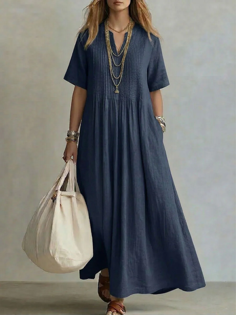 Dames Plissé Maxi Jurk - Elegant en Comfortabel - Marineblauw