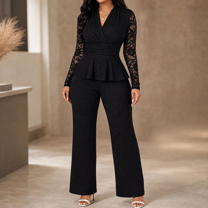 Dames Plissé Peplum Bloemenkant Pak - Elegant Tweedelig