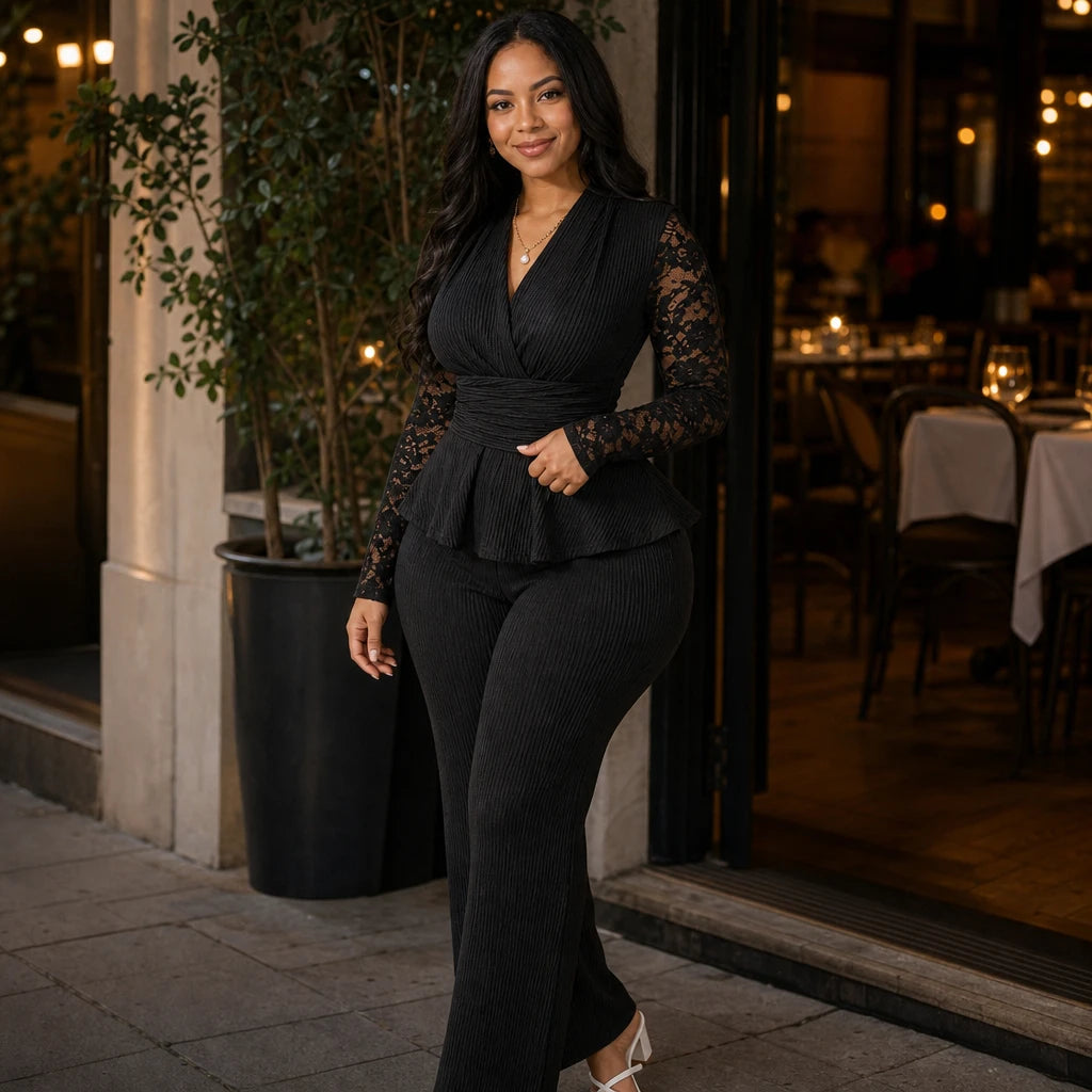 Dames Plissé Peplum Bloemenkant Pak - Elegant Tweedelig