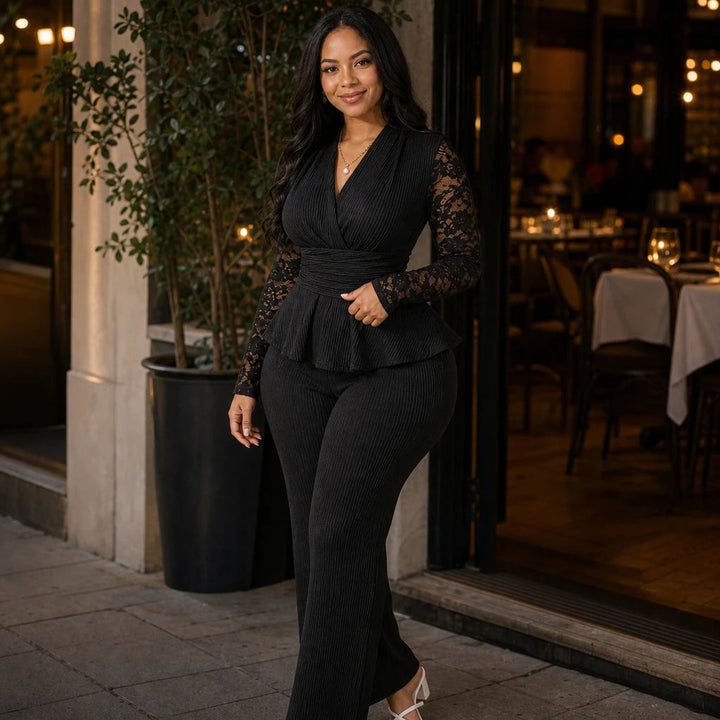 Dames Plissé Peplum Bloemenkant Pak - Elegant Tweedelig