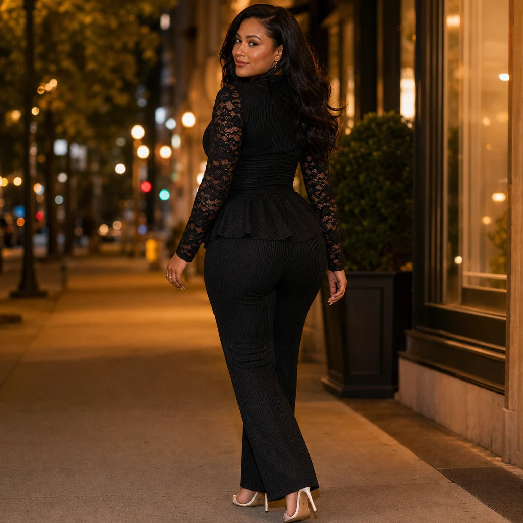 Dames Plissé Peplum Bloemenkant Pak - Elegant Tweedelig