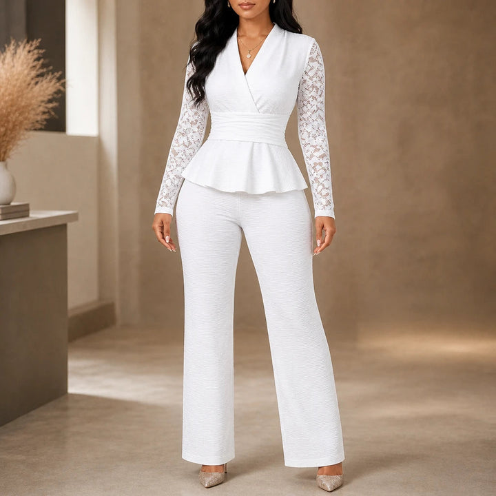 Dames Plissé Peplum Bloemenkant Pak in wit, Elegant Tweedelig