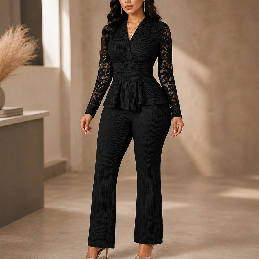 Dames Plissé Peplum Bloemenkant Pak in zwart, Elegant Tweedelig