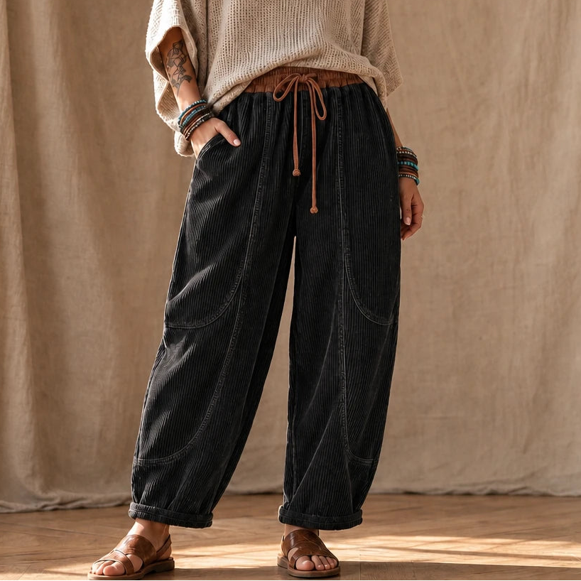 Dames Ribfluweel Lanternbroek in zwart, Comfortabele Pasvorm