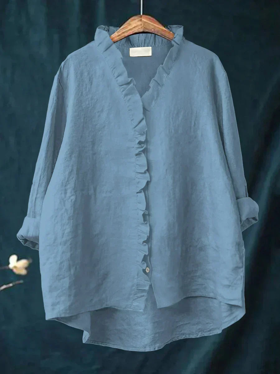Dames Ruches V-hals Blouse - Casual Elegantie - Blauw
