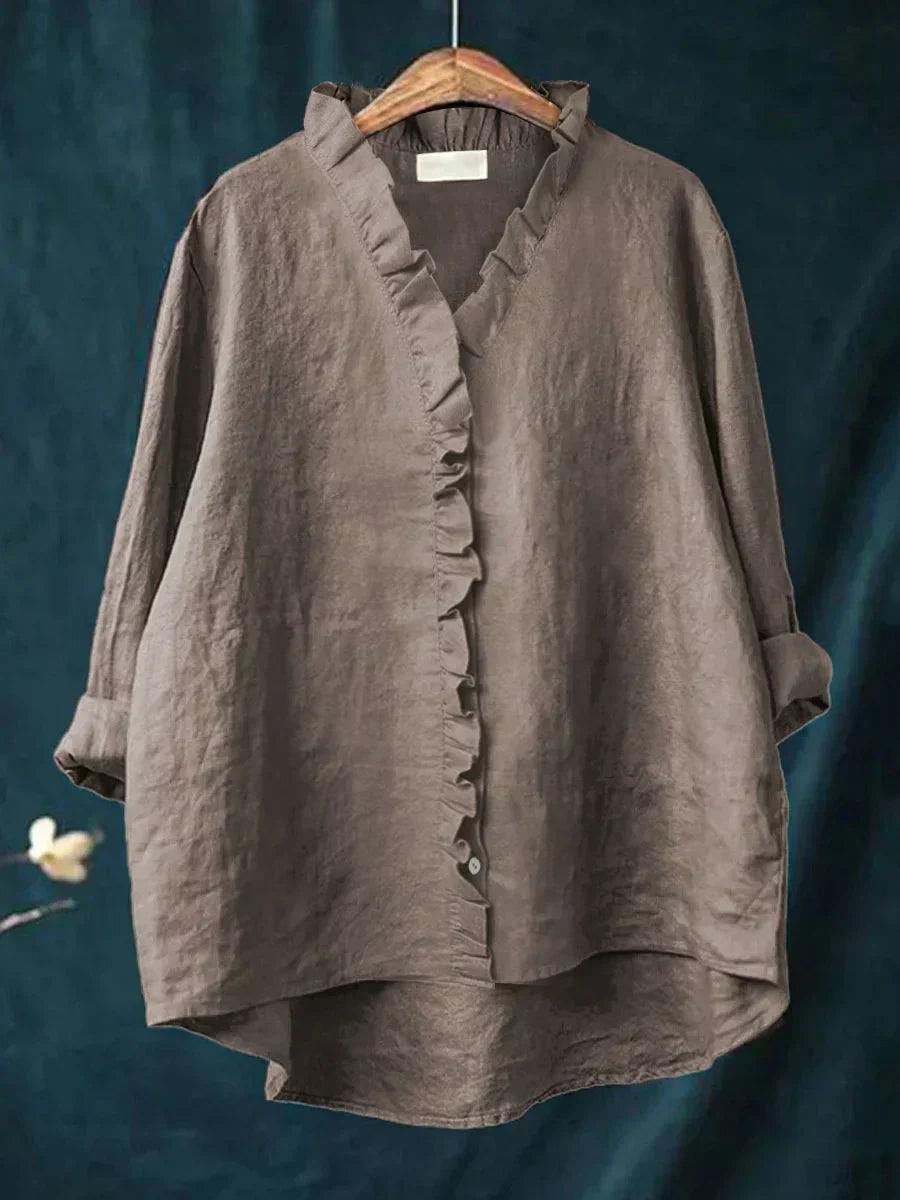 Dames Ruches V-hals Blouse - Casual Elegantie - Donkergrijs