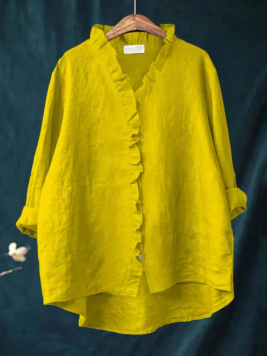 Dames Ruches V-hals Blouse - Casual Elegantie - Geel