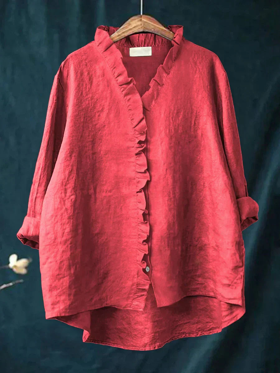 Dames Ruches V-hals Blouse - Casual Elegantie - Rood