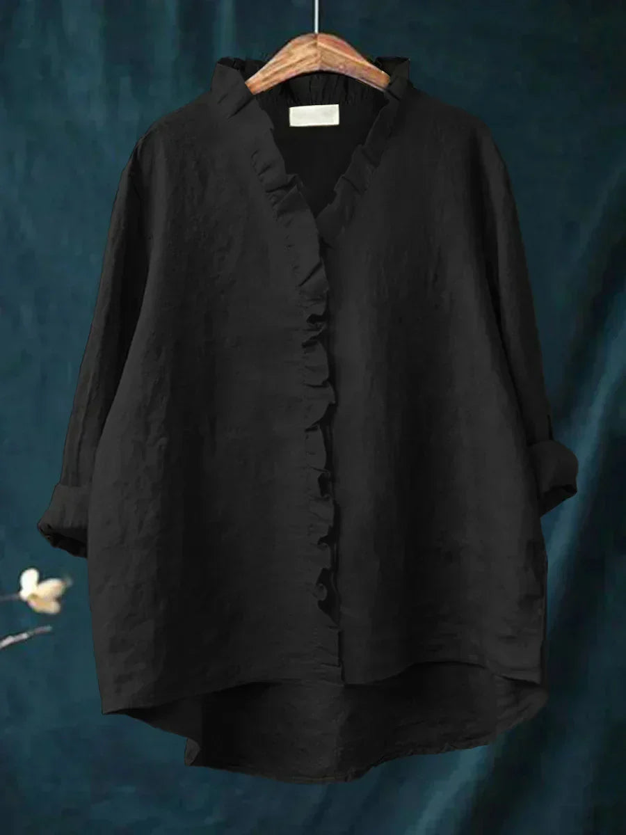 Dames Ruches V-hals Blouse - Casual Elegantie - Zwart