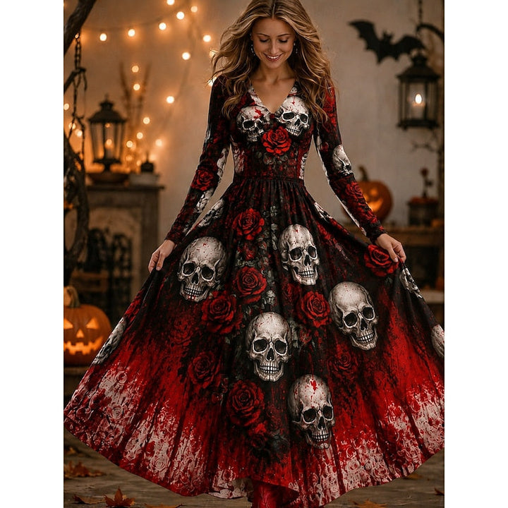 Dames Skelet Roos Print Maxi Jurk in wijnrood, Gothic Halloween