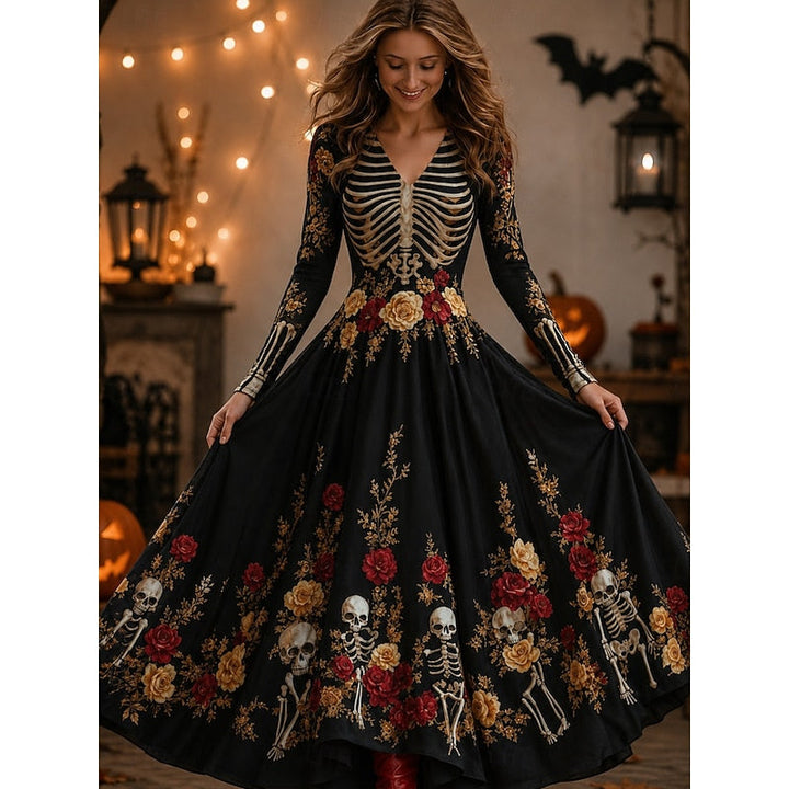 Dames Skelet Roos Print Maxi Jurk in zwart, Gothic Halloween