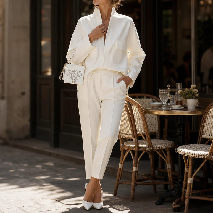 Dames Staande Kraag Blouse en Cropped Broek Set - Minimalistisch