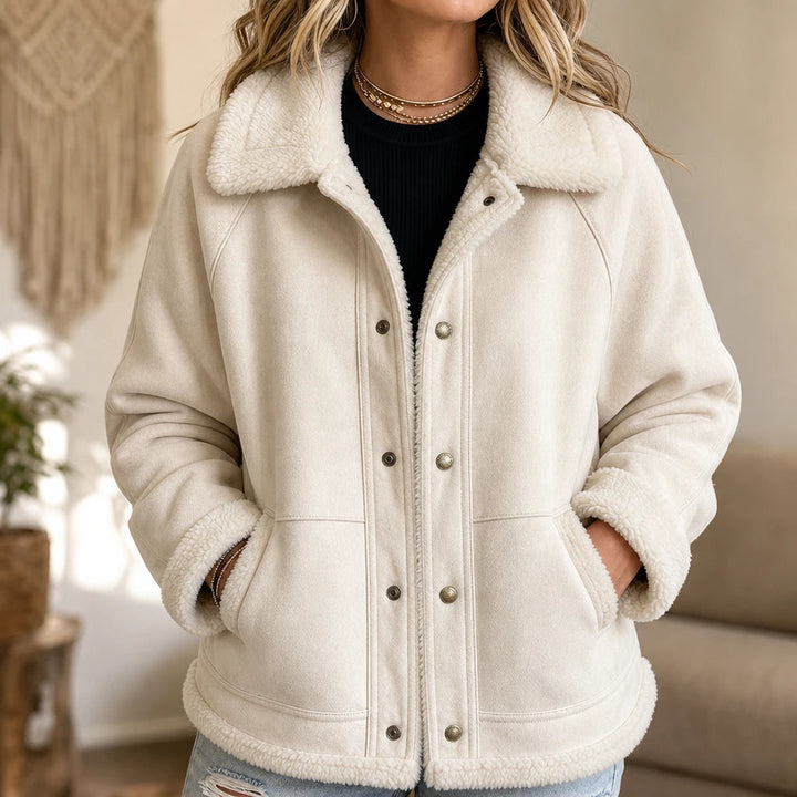 Dames Suède-Look Jas met Shearling in crème, Warm zonder bulk