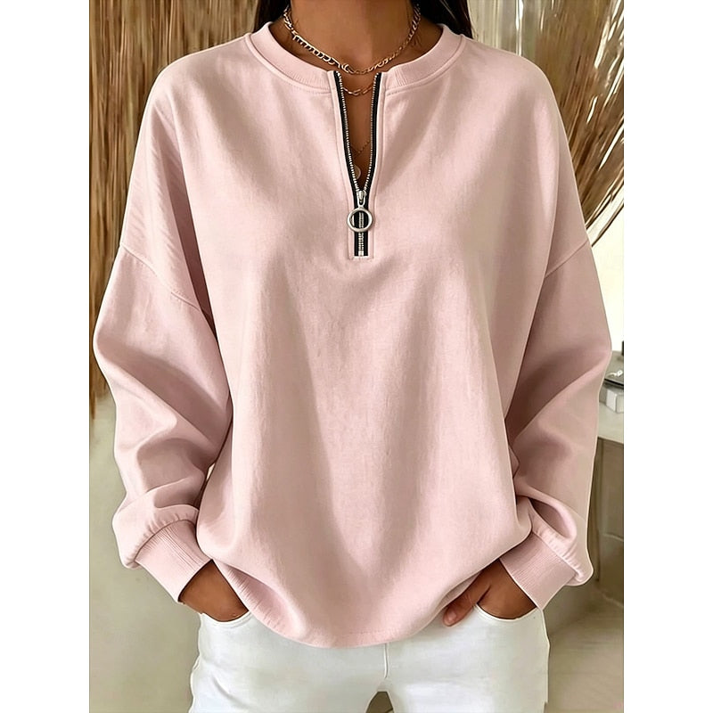 Dames Sweatshirt met Ritssluiting in roze, Comfortabele Halflange Rits