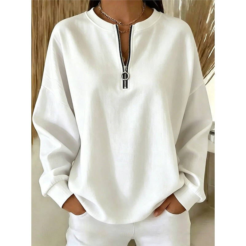 Dames Sweatshirt met Ritssluiting in wit, Comfortabele Halflange Rits