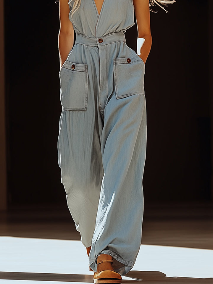 Dames Tencel Denim Jumpsuit - Casual Retro Grijs-blauw