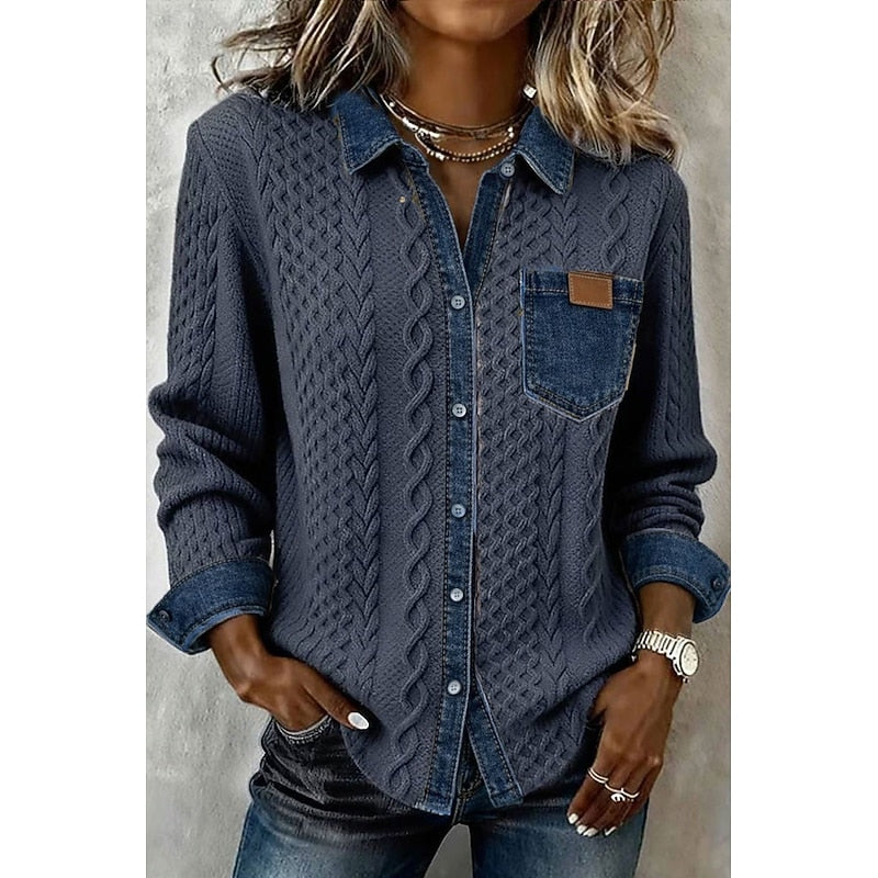 Dames Textuurcontrast Blouse in blauw, Elegante Dagelijkse Look