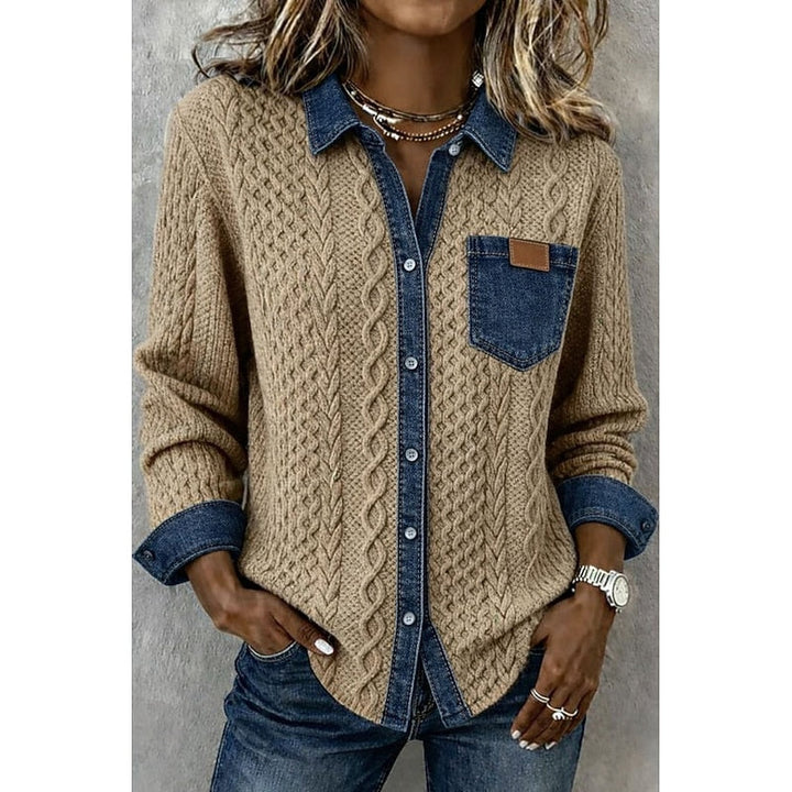 Dames Textuurcontrast Blouse in khaki, Elegante Dagelijkse Look