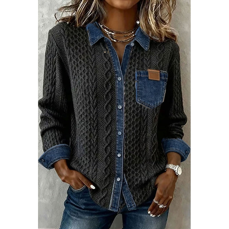 Dames Textuurcontrast Blouse in zwart, Elegante Dagelijkse Look