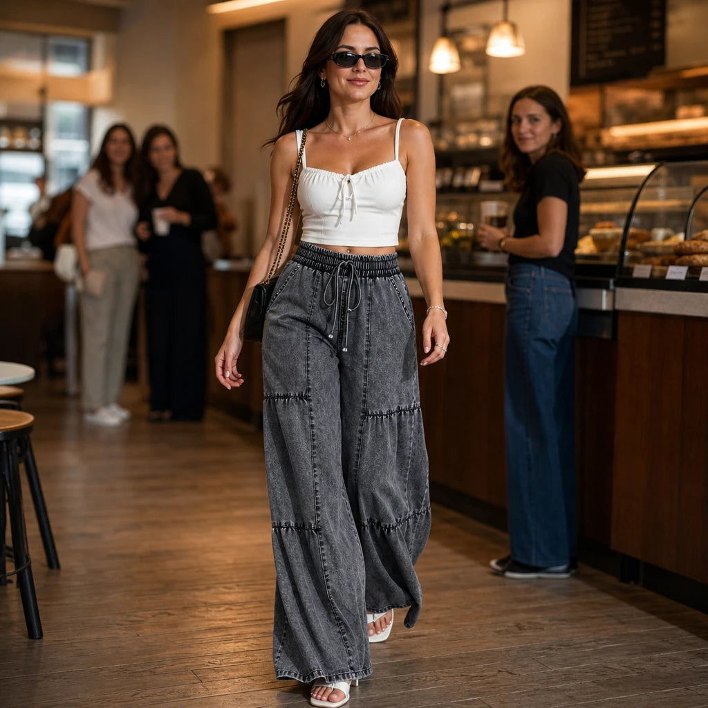 Dames Tiered Patchwork Wijde Jeans - Vloerlange Snit