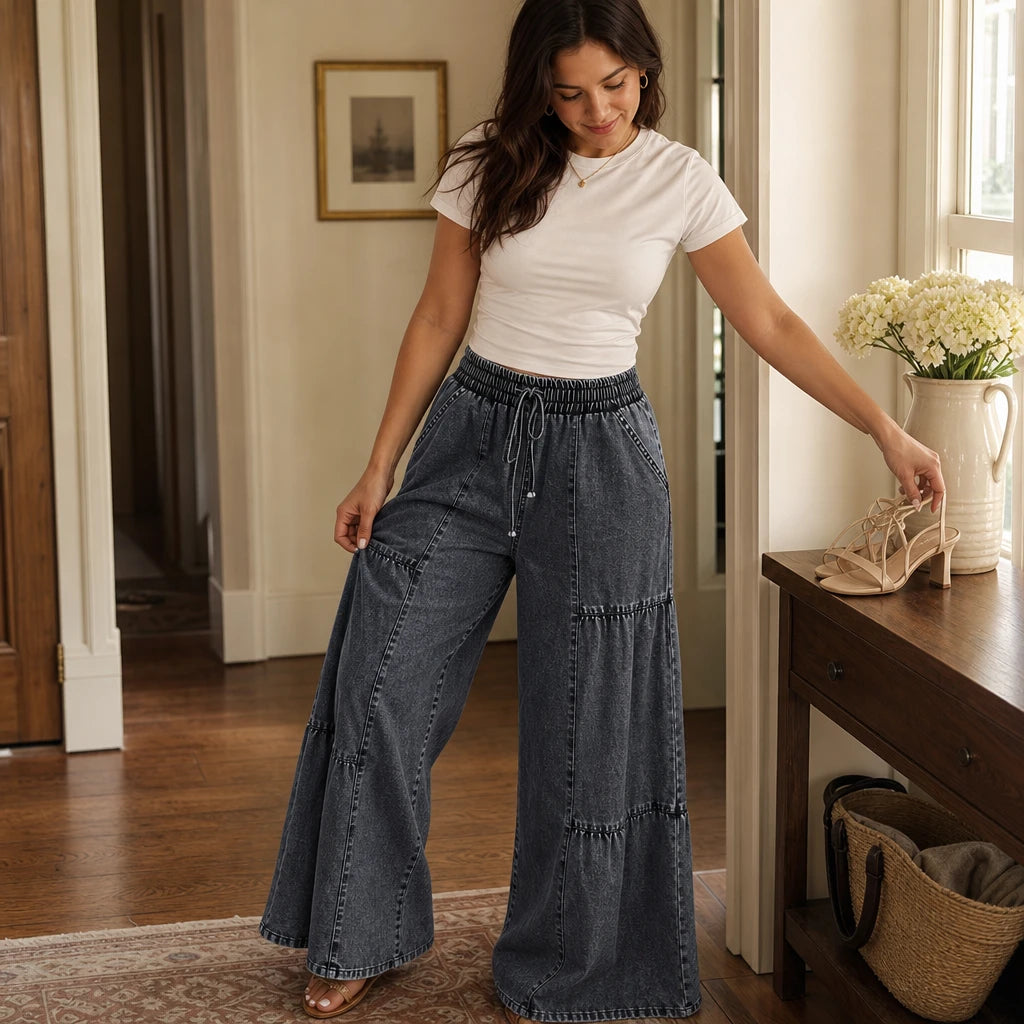 Dames Tiered Patchwork Wijde Jeans - Vloerlange Snit