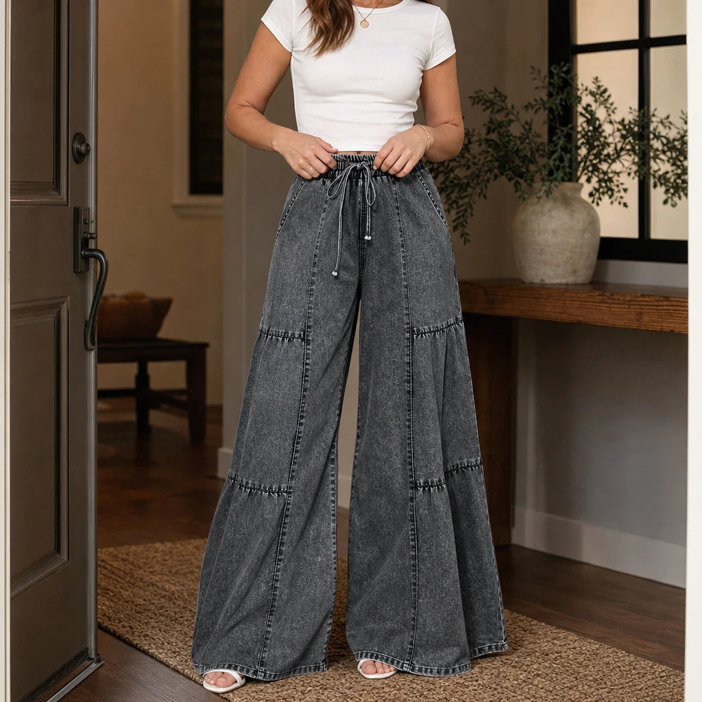 Dames Tiered Patchwork Wijde Jeans - Vloerlange Snit