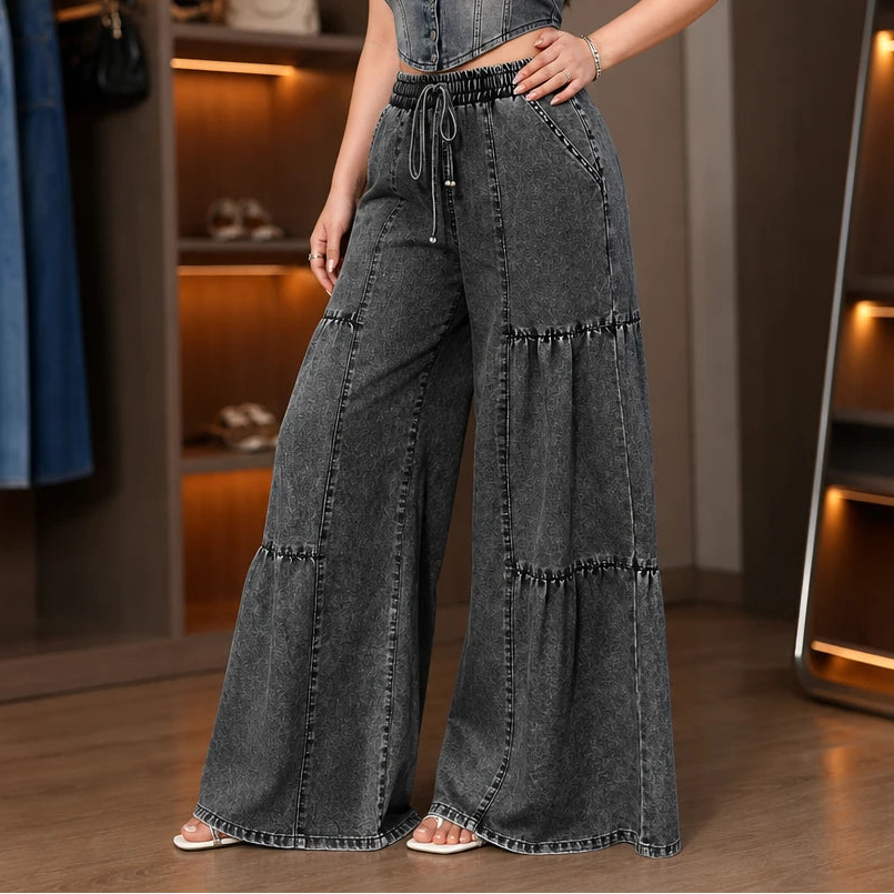 Dames Tiered Patchwork Wijde Jeans in zwart, Vloerlange Snit