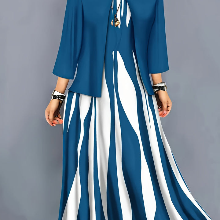 Dames Tweedelig Elegante Jurk Set in lichtblauw wit, Klassieke Stijl