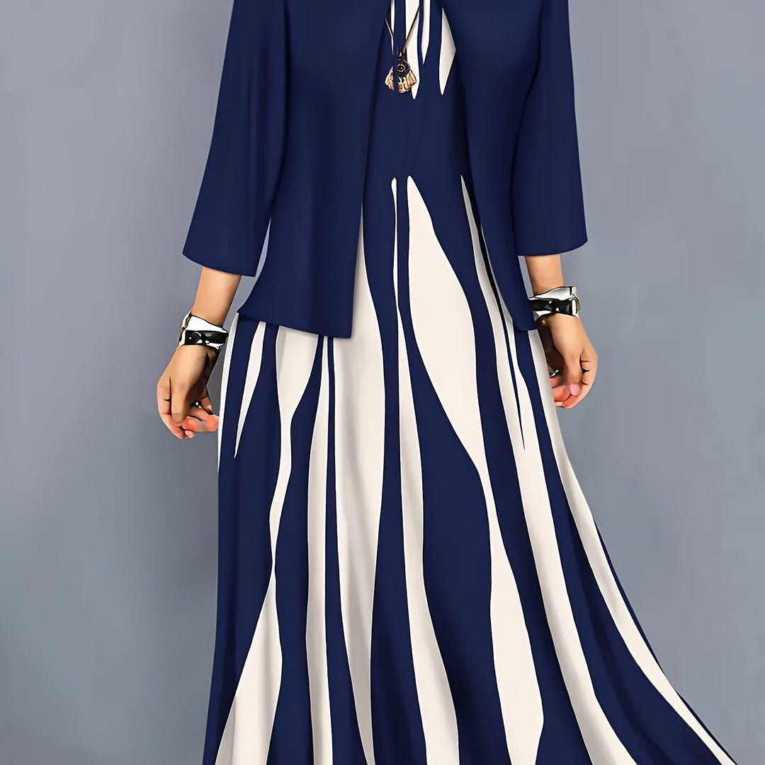 Dames Tweedelig Elegante Jurk Set in marineblauw, Klassieke Stijl